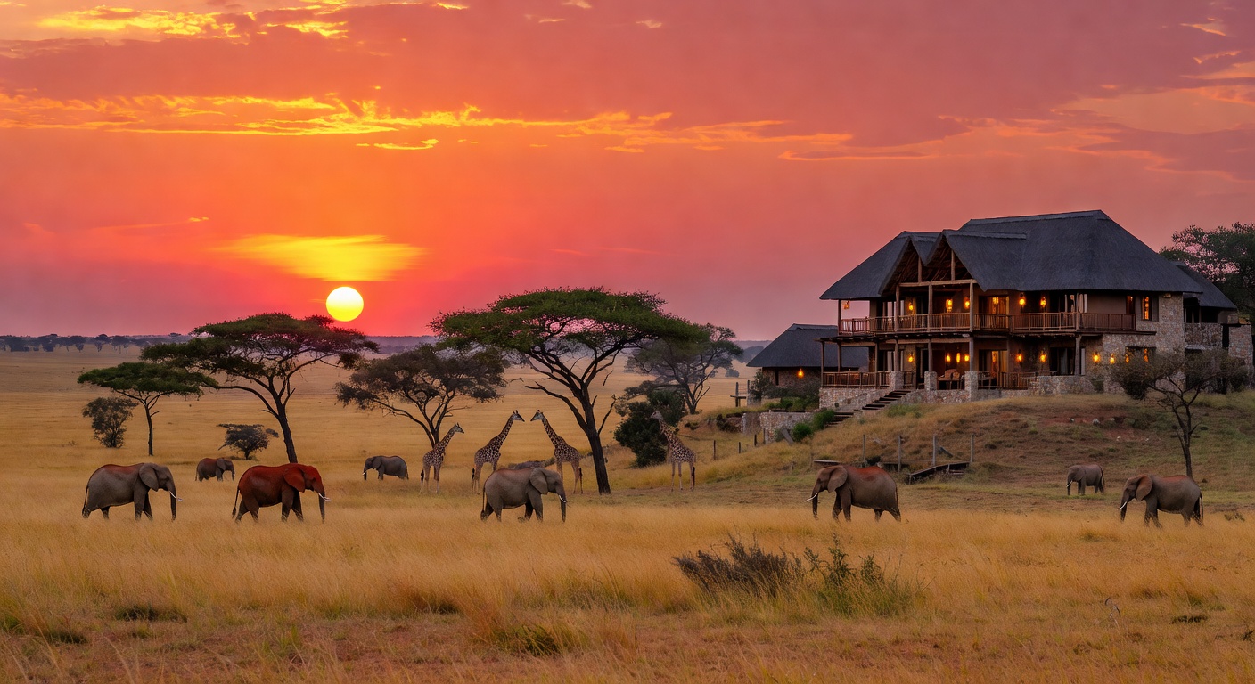 African Savanna Sunset with Luxury Lodge